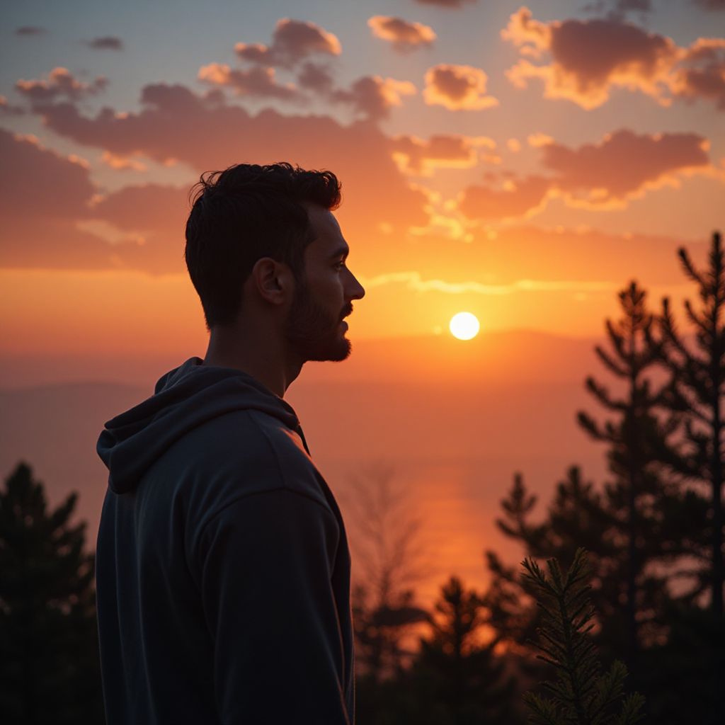 A man staring into the sunset