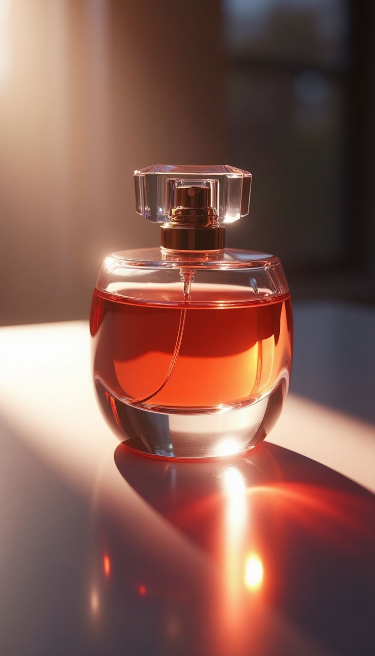 Cinematic product shot. The perfume bottle remains completel