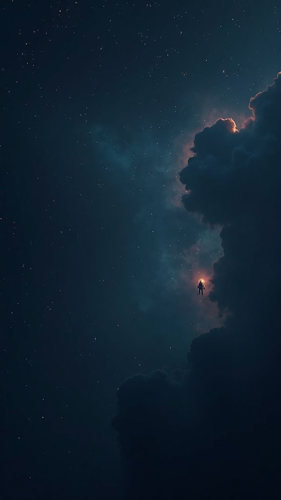 Endless dark space with faint nebula clouds, a lone astronau