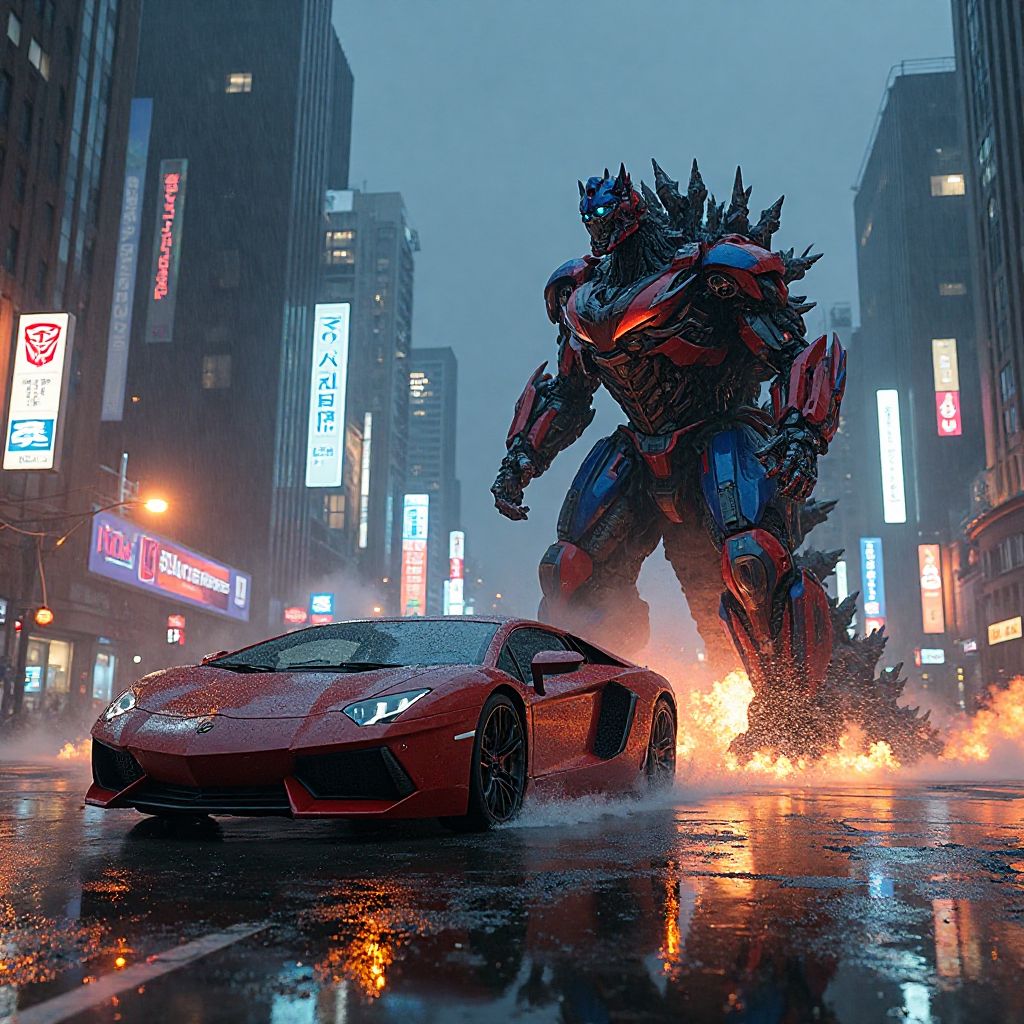 A luxury car transforming into Optimus Prime and battling Go
