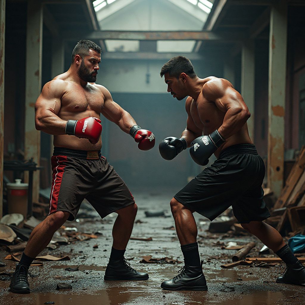 Two fighters in an abandoned junkyard. Strong, powerful boxe