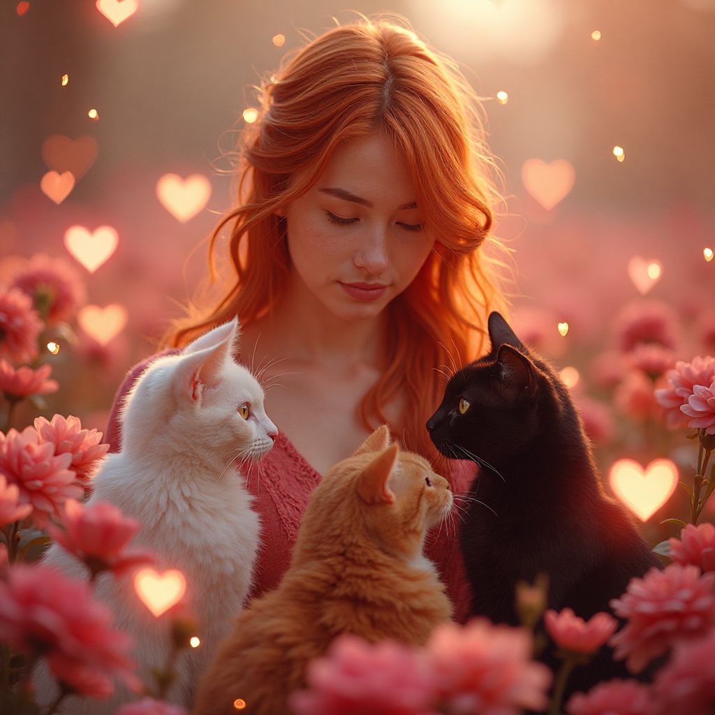 A beautiful young redhead stands at the center of a surreal 