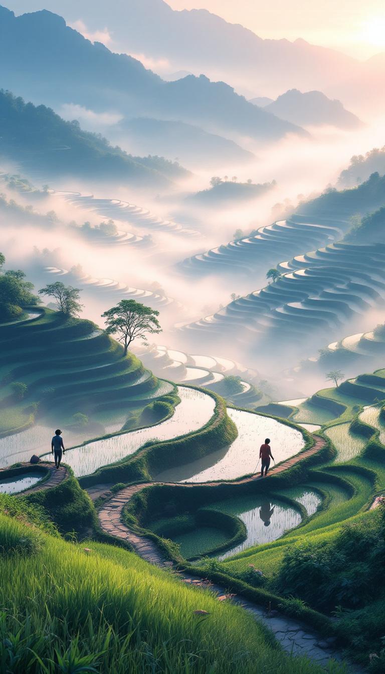 Anime-style terraced rice fields covered in morning mist. Wa