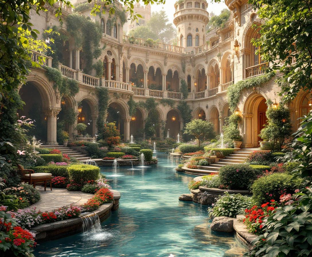 Side garden courtyard of a majestic fairytale stone castle, 