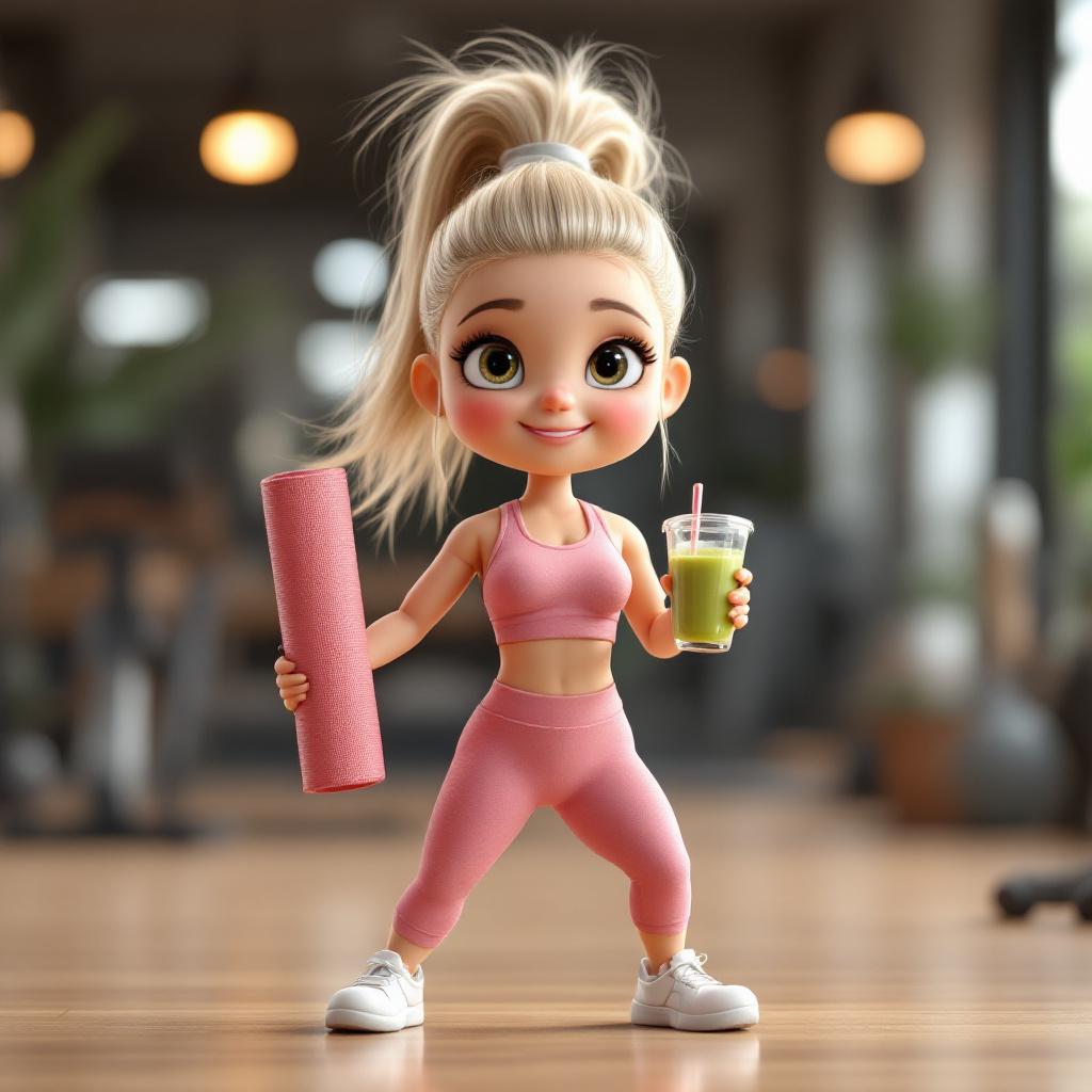 A satirical miniature sporty female doll character, round he