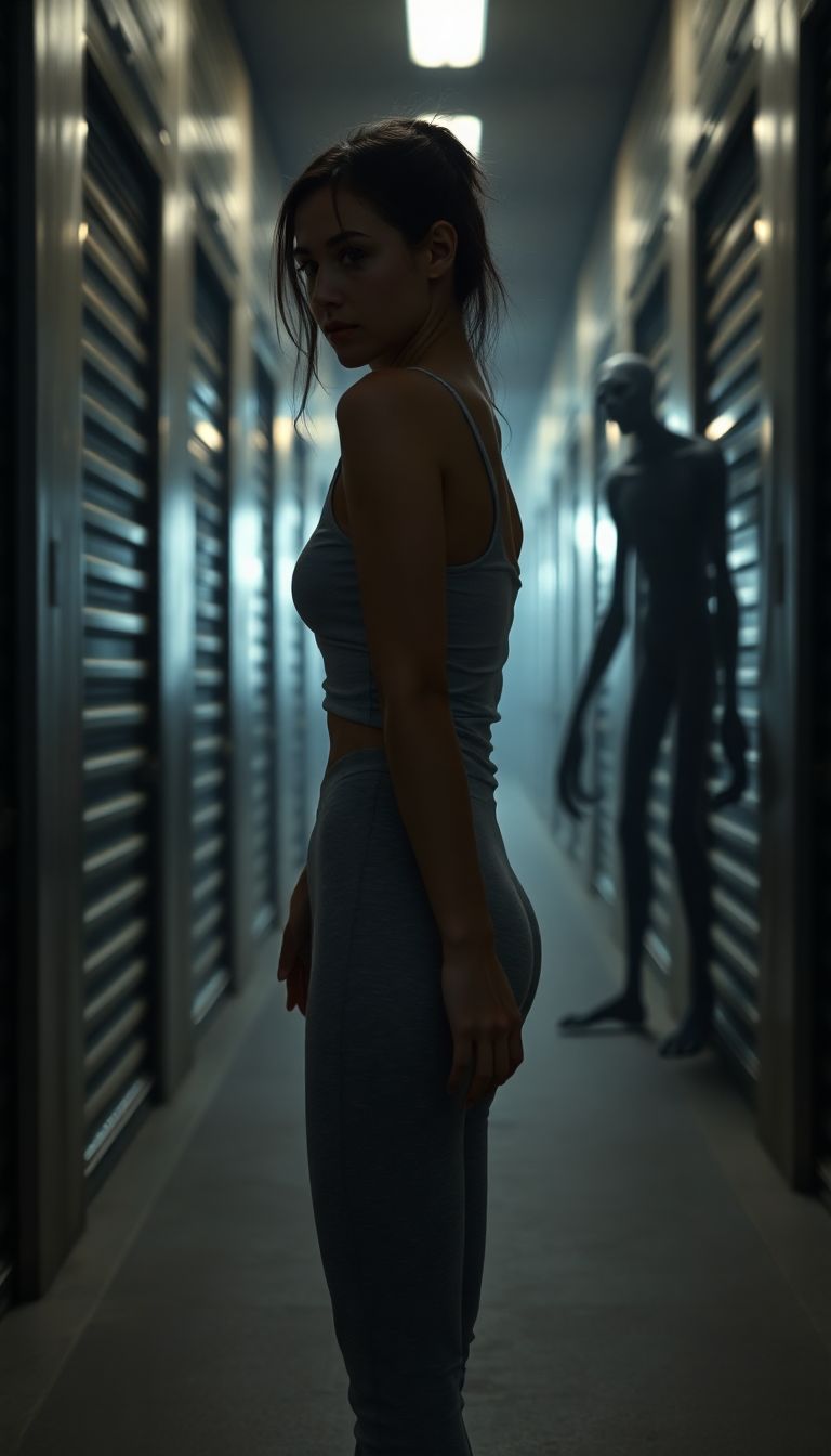 Ultra-realistic cinematic horror photograph of a young woman