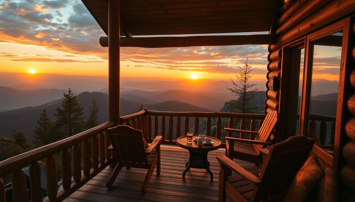 A cozy wooden mountain cabin balcony overlooking a vast moun