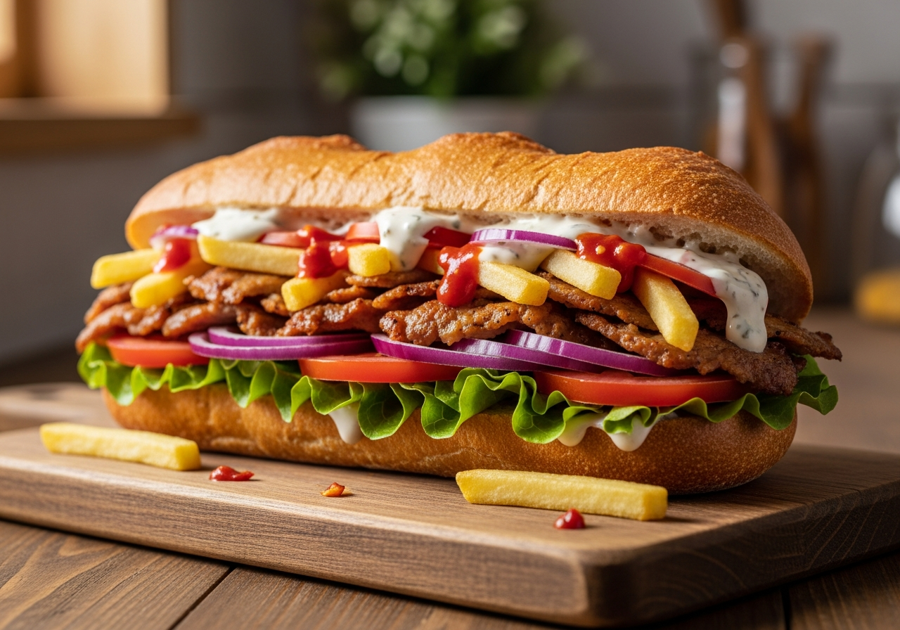 A warm, crusty baguette sliced open and generously filled wi