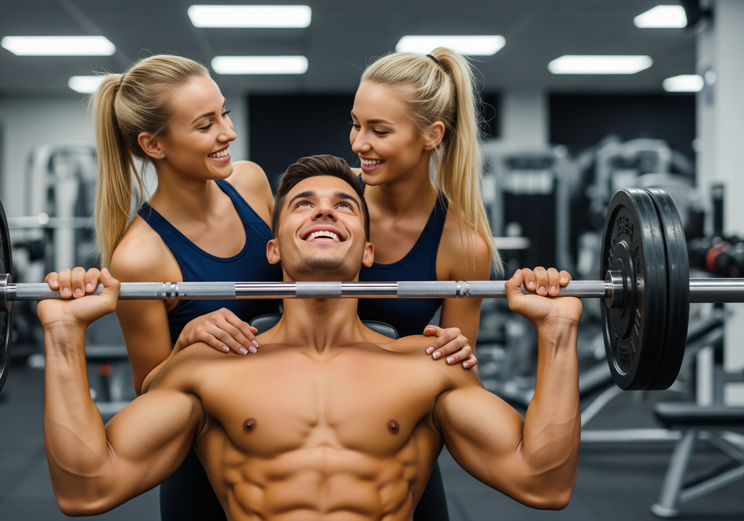 A happy couple training at the gym. A young muscular man and