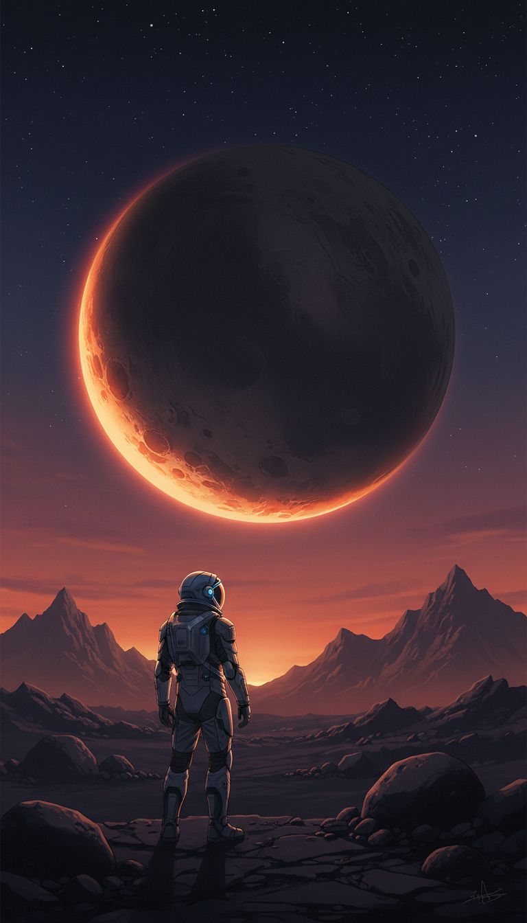 High quality sci-fi illustration. A lone astronaut stands on