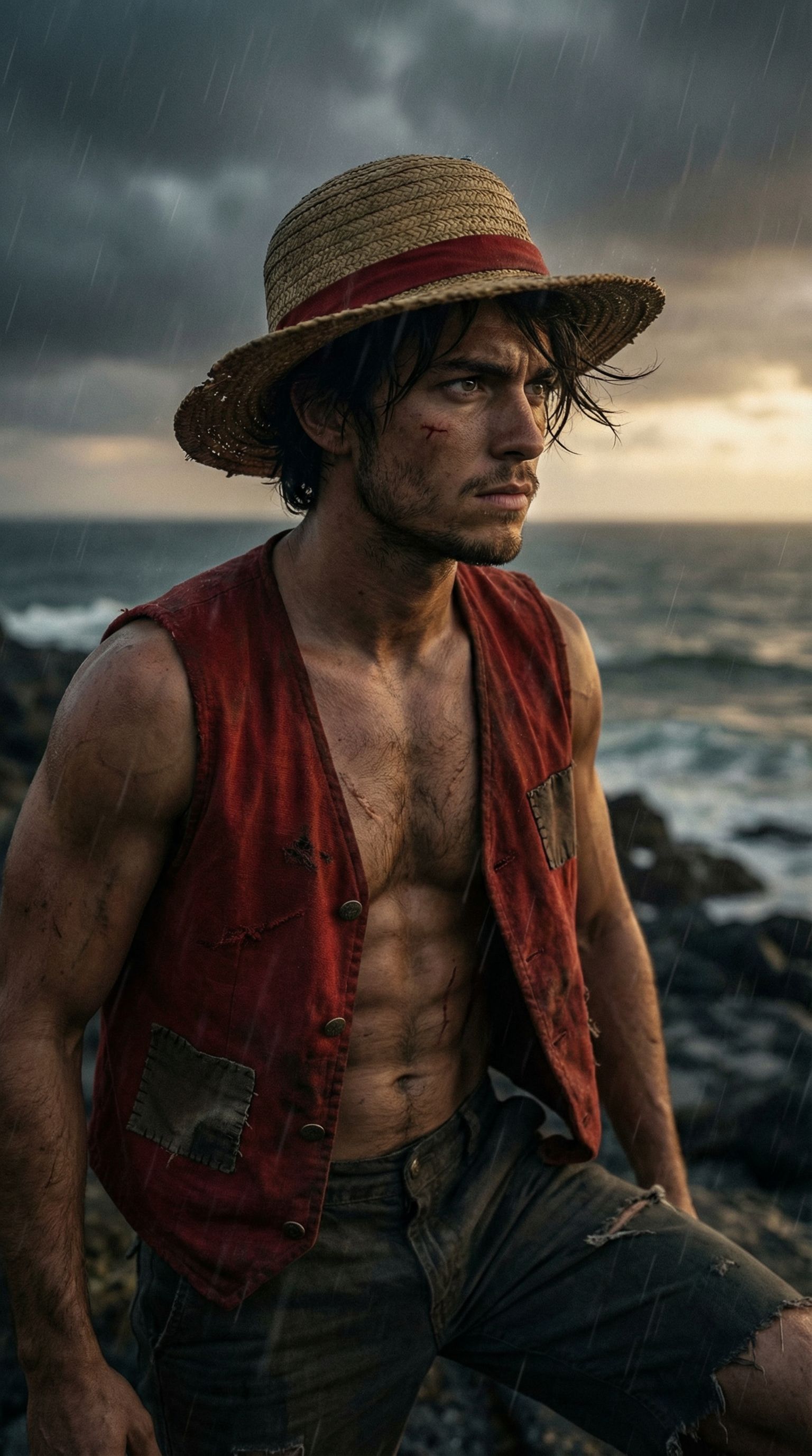 Ultra-realistic cinematic portrait of Monkey D. Luffy reimag