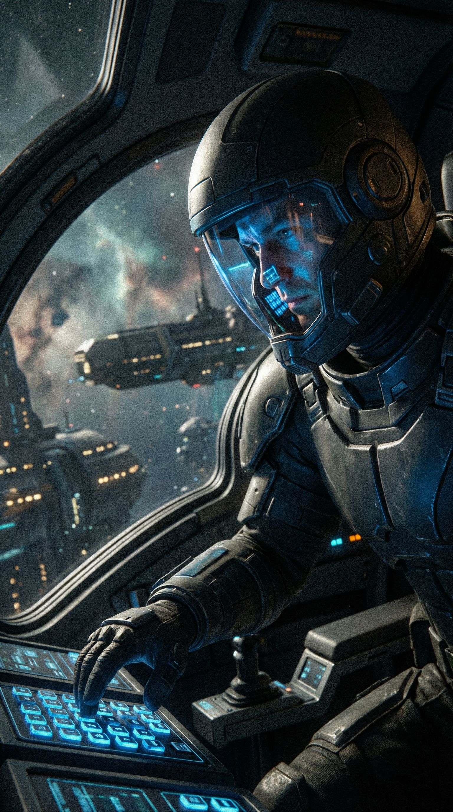 Inside a futuristic spacecraft cockpit, a crew member in hig