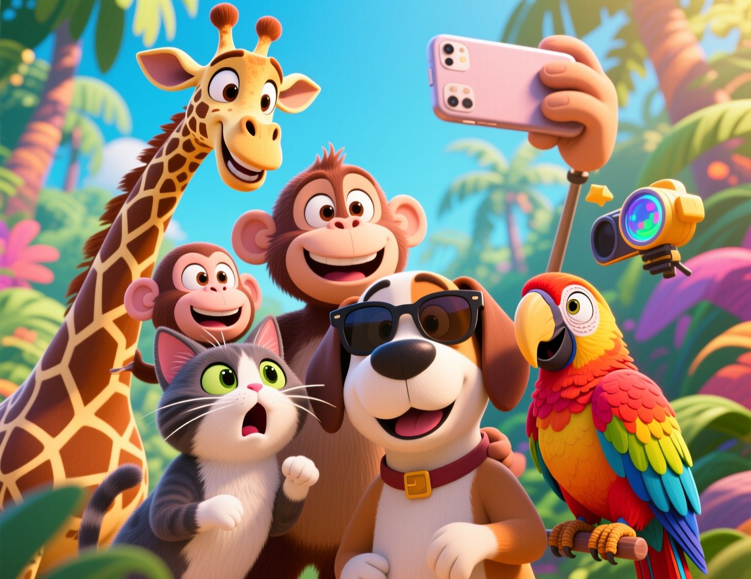 A group of funny animals taking a selfie: a smiling giraffe,