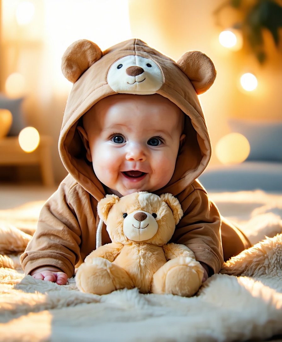 Rosy-cheeked infant, bear-eared hoodie, holding stuffed toy,