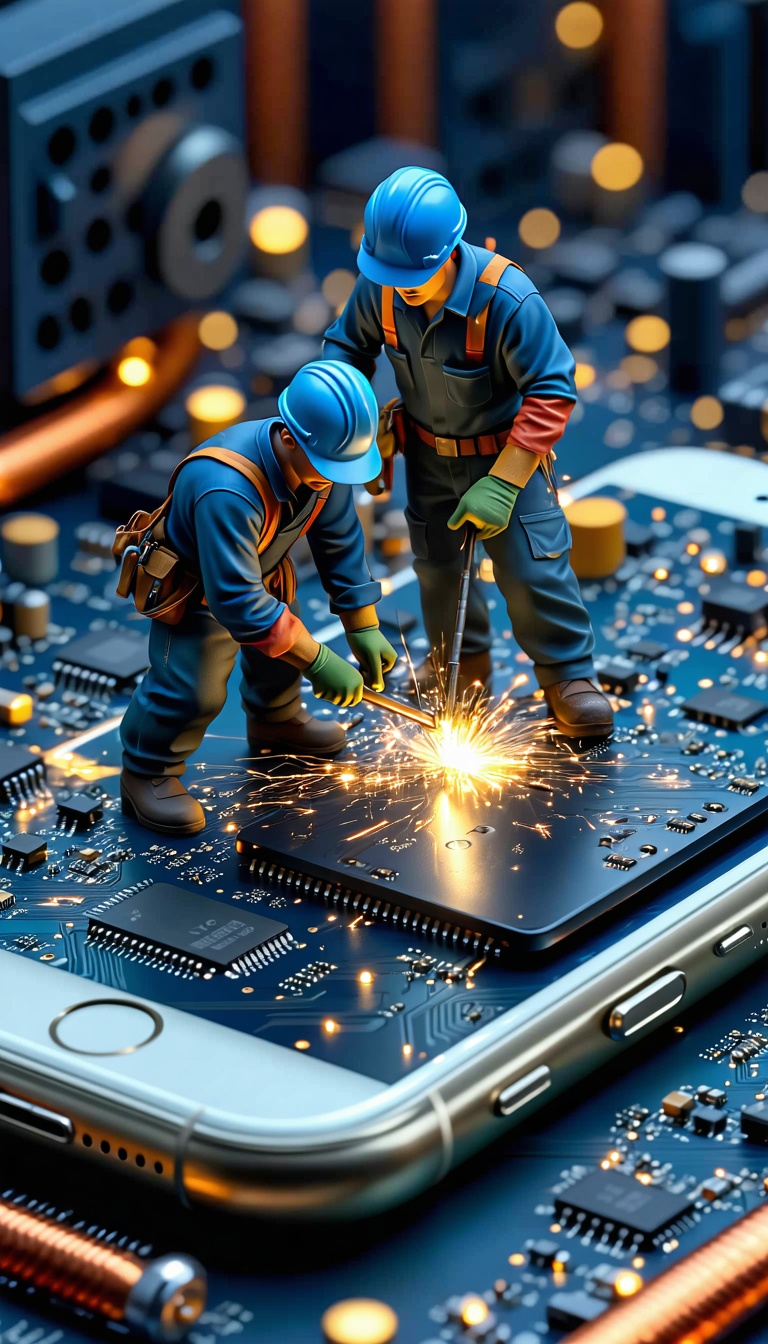 Inside a smartphone's motherboard, miniature construction wo