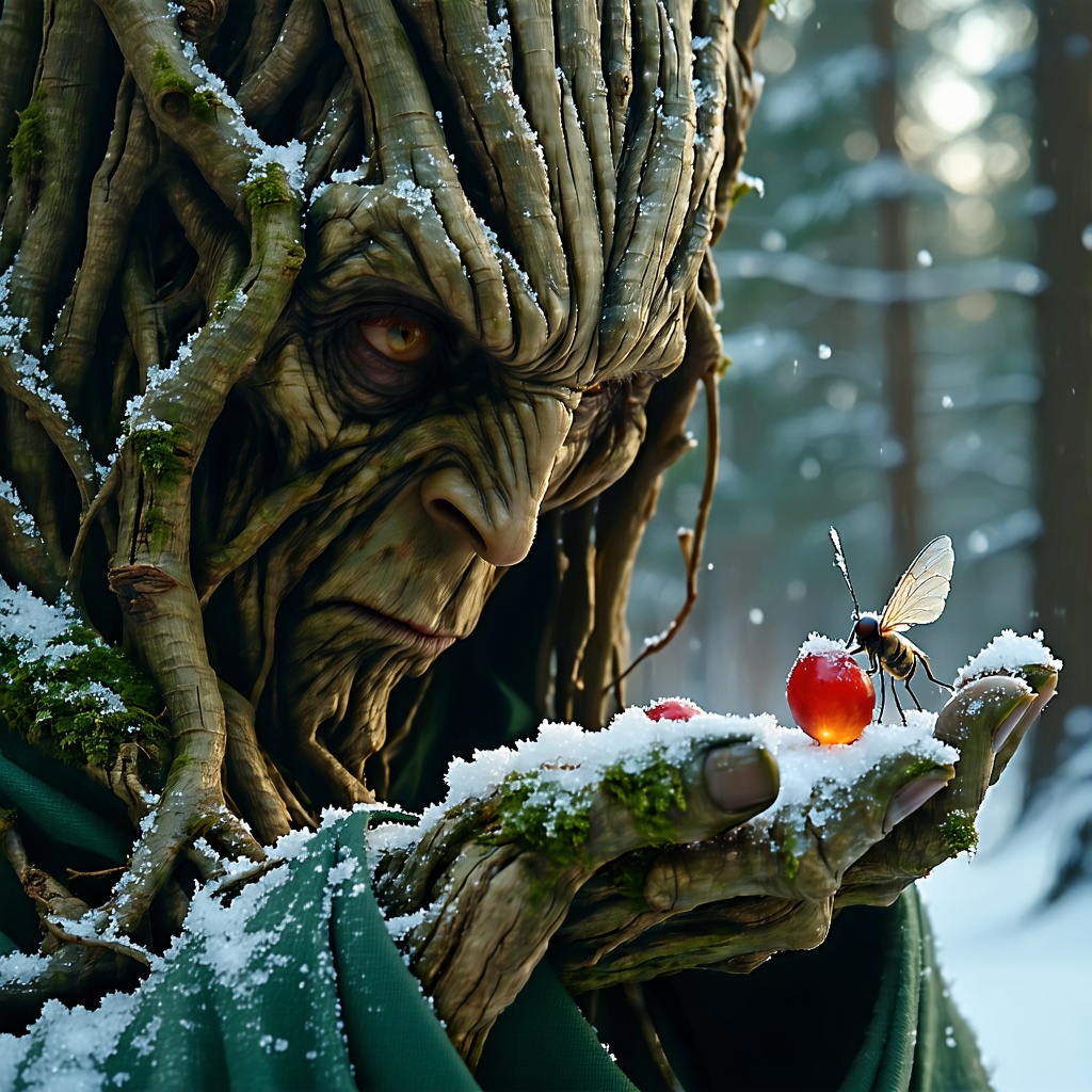 Extreme close-up portrait of an ancient forest spirit. Bark-