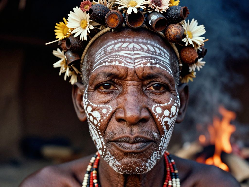 Hyper-realistic close-up portrait of a tribal elder from the